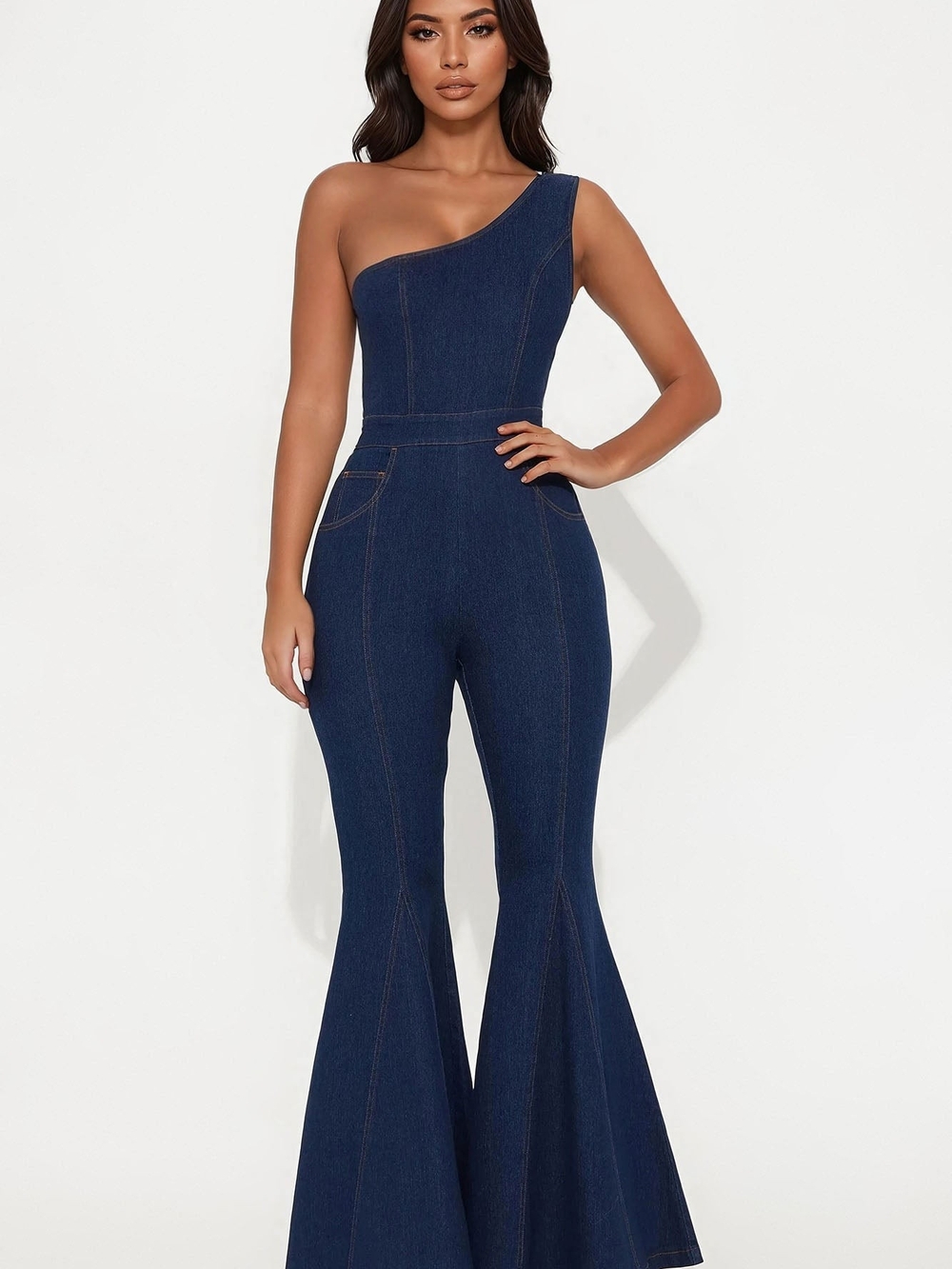 One-Shoulder Dark Blue Denim Jumpsuit